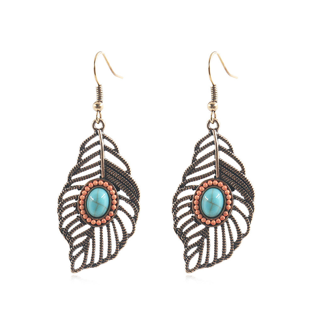 Wholesale Bohemian Hollow Tree Leaf Inlaid Turquoise Drop Earrings